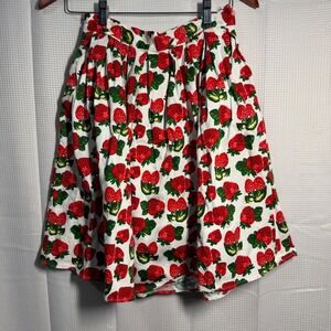 Grace Karin Strawberry Print Skirt S White Red Pleated A-Line